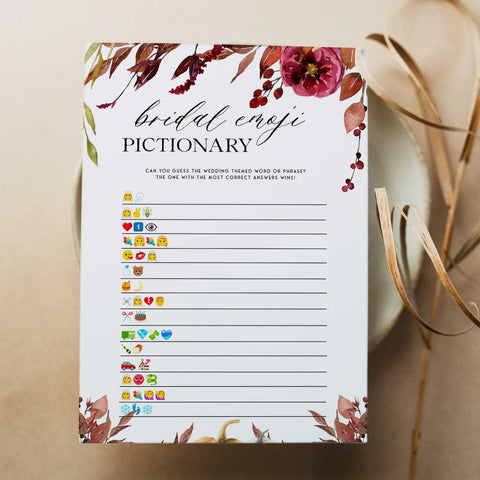 Fully editable and printable bridal shower emoji pictionary with a Fall design. Perfect for a fall floral bridal shower