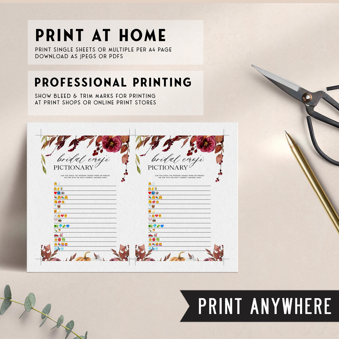 Fully editable and printable bridal shower emoji pictionary with a Fall design. Perfect for a fall floral bridal shower