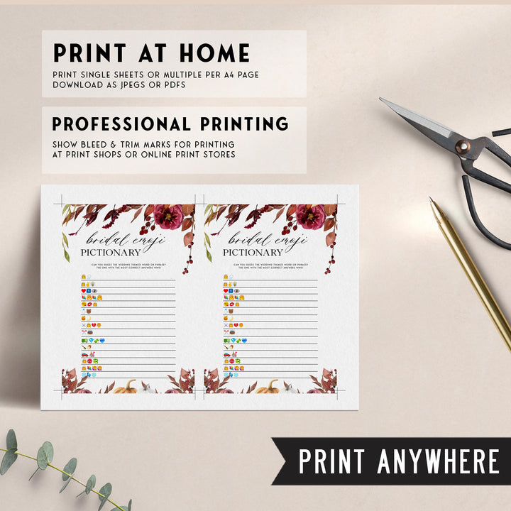 Fully editable and printable bridal shower emoji pictionary with a Fall design. Perfect for a fall floral bridal shower