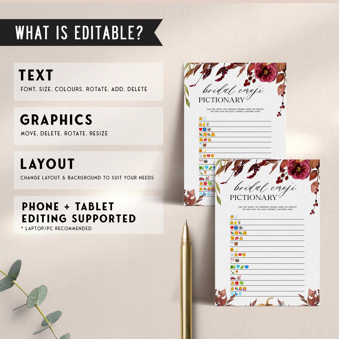 Fully editable and printable bridal shower emoji pictionary with a Fall design. Perfect for a fall floral bridal shower
