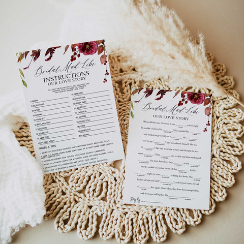 Fully editable and printable bridal mad libs game with a Fall design. Perfect for a fall floral bridal shower