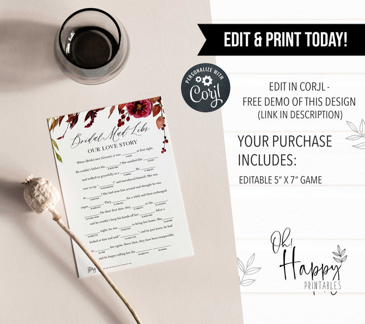 Fully editable and printable bridal mad libs game with a Fall design. Perfect for a fall floral bridal shower