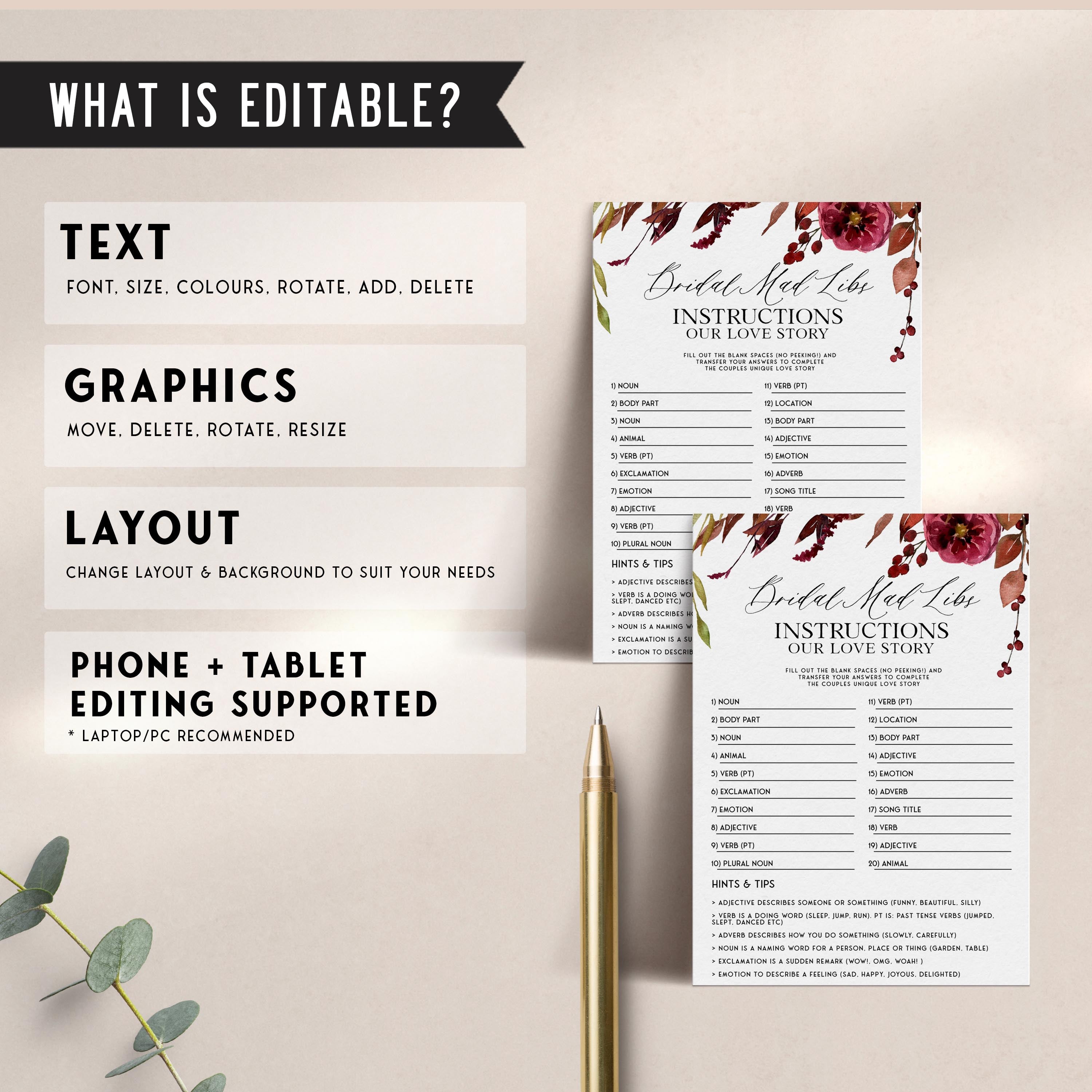 Fully editable and printable bridal mad libs game with a Fall design. Perfect for a fall floral bridal shower