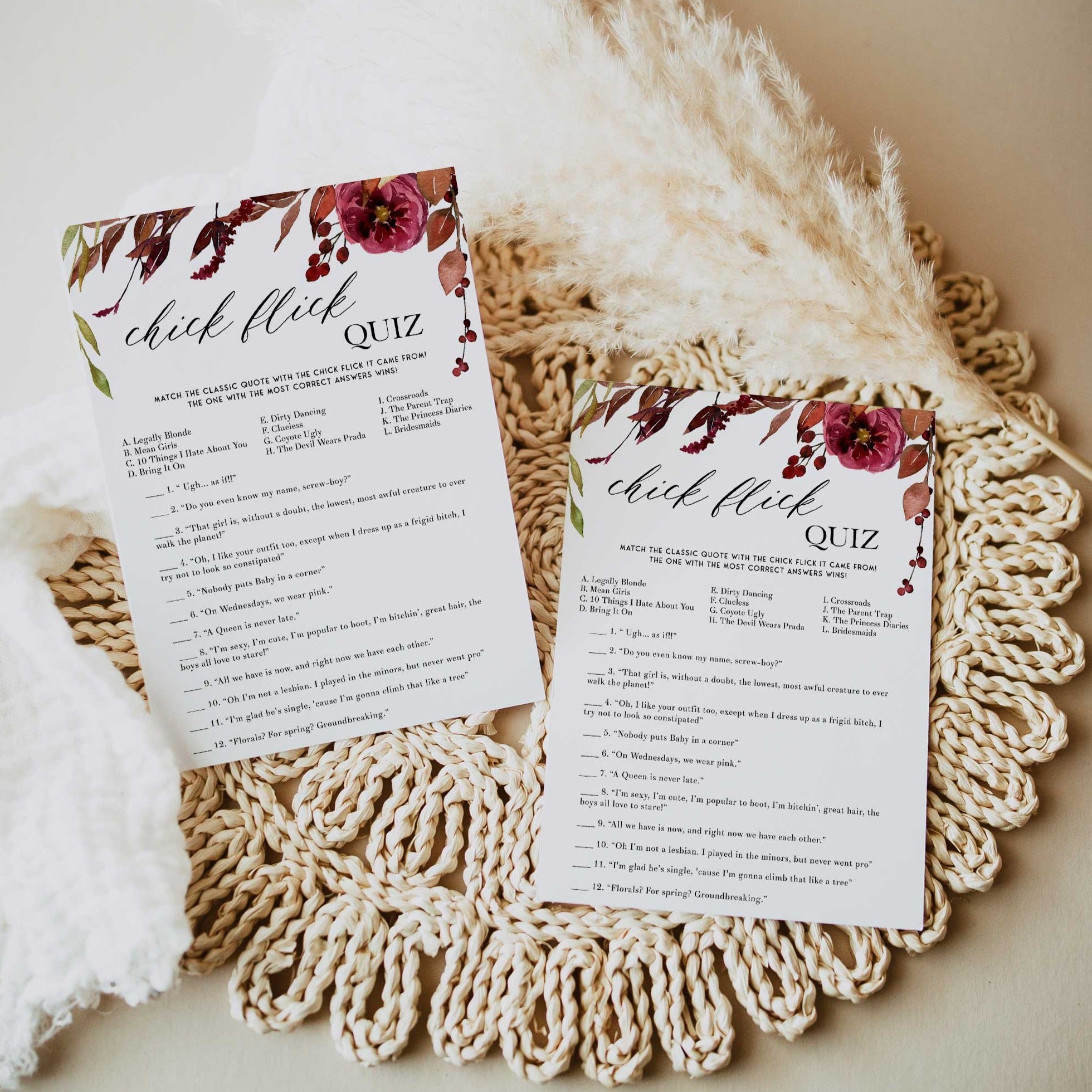 Fully editable and printable chick flick quiz game with a Fall design. Perfect for a fall floral bridal shower