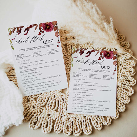 Fully editable and printable chick flick quiz game with a Fall design. Perfect for a fall floral bridal shower