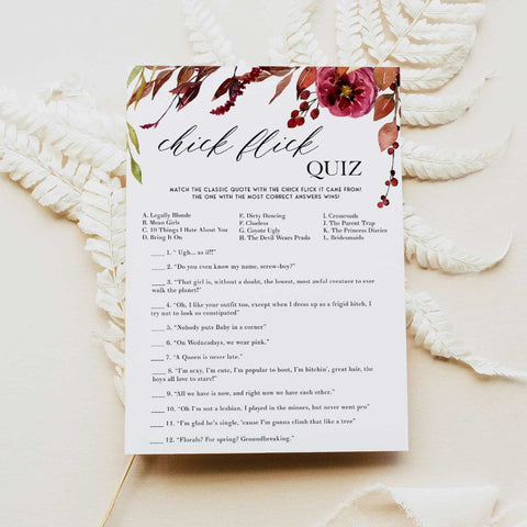 Fully editable and printable chick flick quiz game with a Fall design. Perfect for a fall floral bridal shower