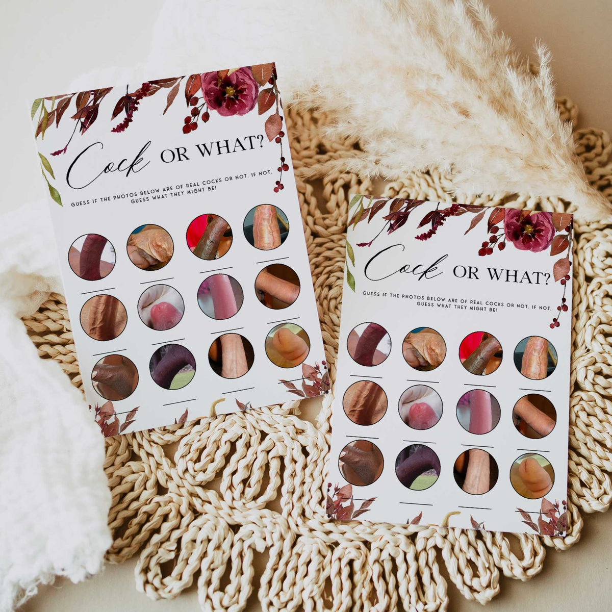 Fully editable and printable cock or what game with a Fall design. Perfect for a fall floral bridal shower