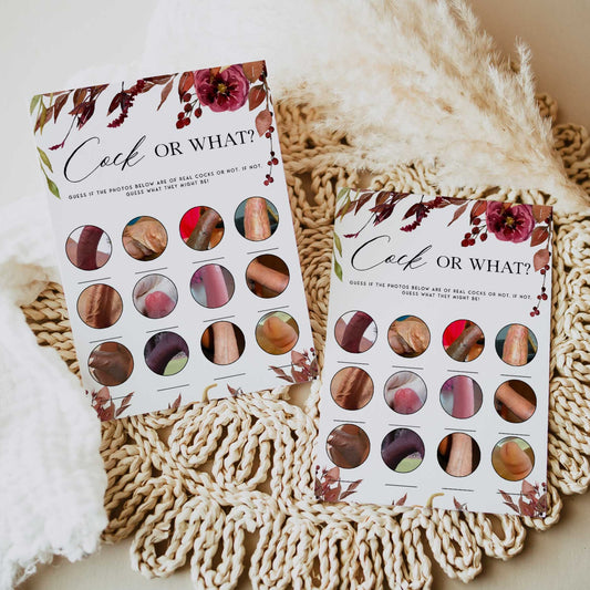 Fully editable and printable cock or what game with a Fall design. Perfect for a fall floral bridal shower