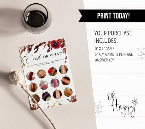 Fully editable and printable cock or what game with a Fall design. Perfect for a fall floral bridal shower
