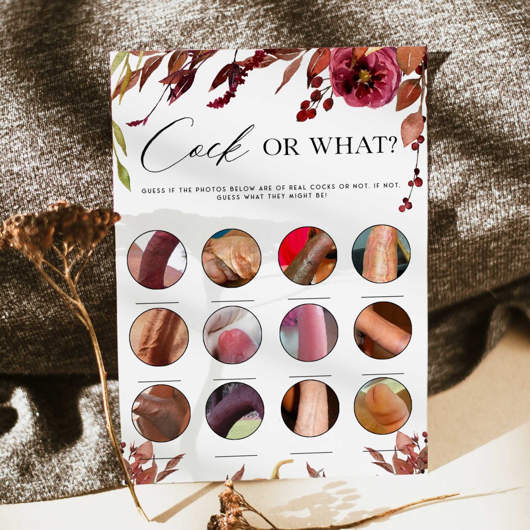 Fully editable and printable cock or what game with a Fall design. Perfect for a fall floral bridal shower