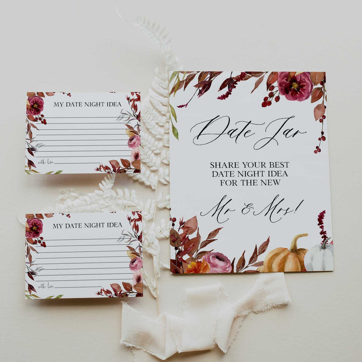 Fully editable and printable date night jar games with a Fall design. Perfect for a fall floral bridal shower