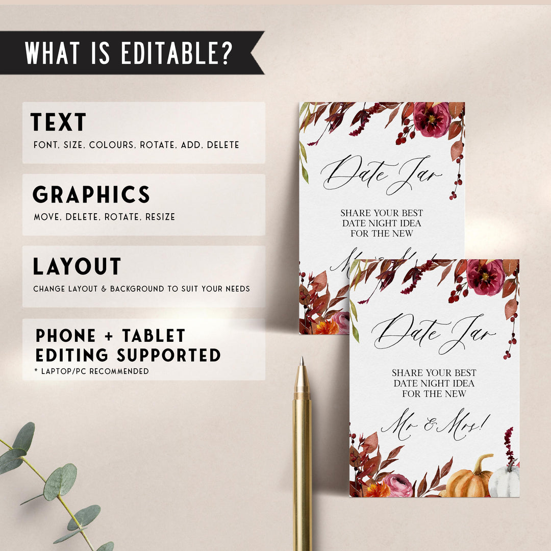 Fully editable and printable date night jar games with a Fall design. Perfect for a fall floral bridal shower