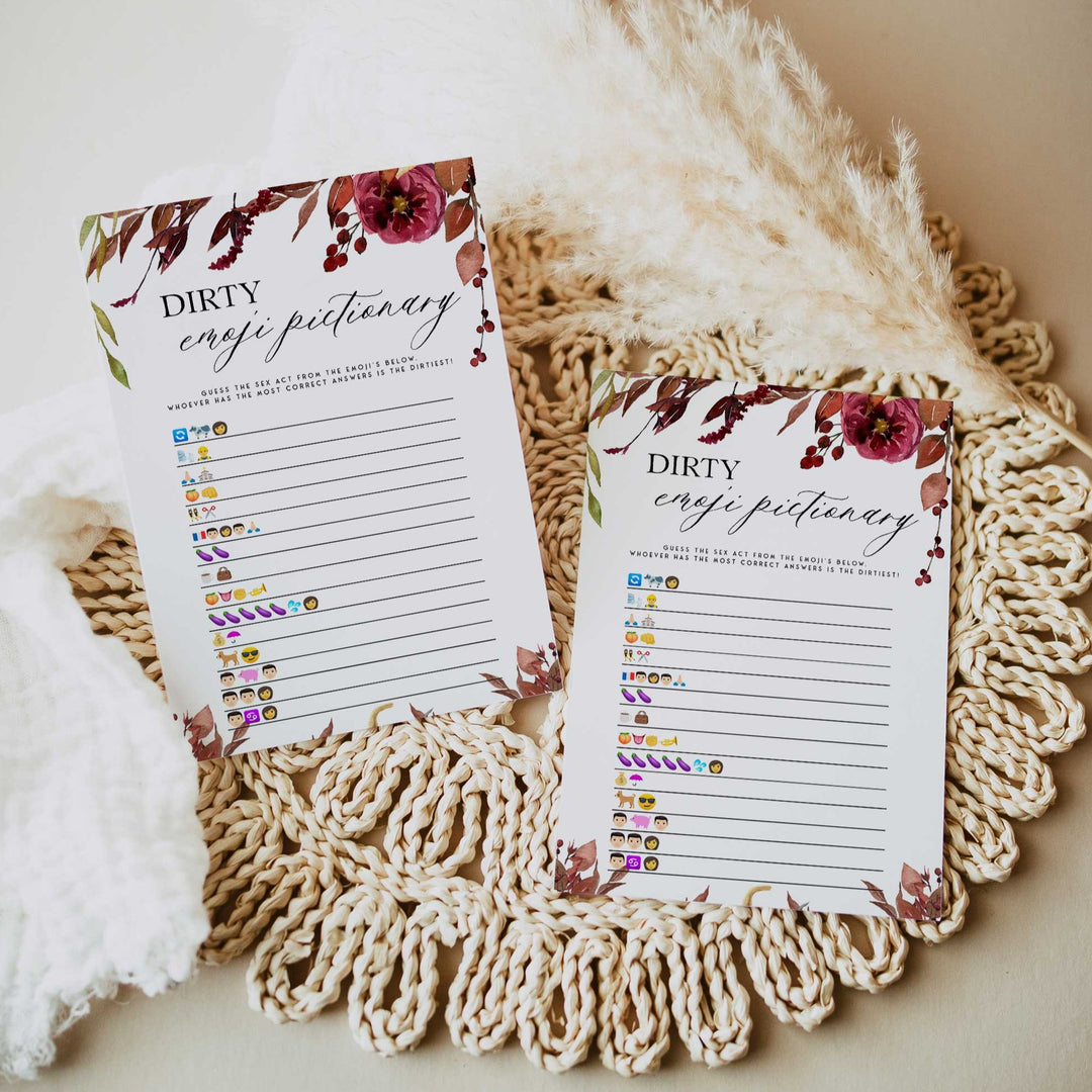 Fully editable and printable dirty emoji pictionary games with a Fall design. Perfect for a fall floral bridal shower