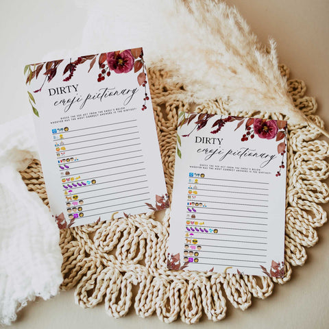 Fully editable and printable dirty emoji pictionary games with a Fall design. Perfect for a fall floral bridal shower