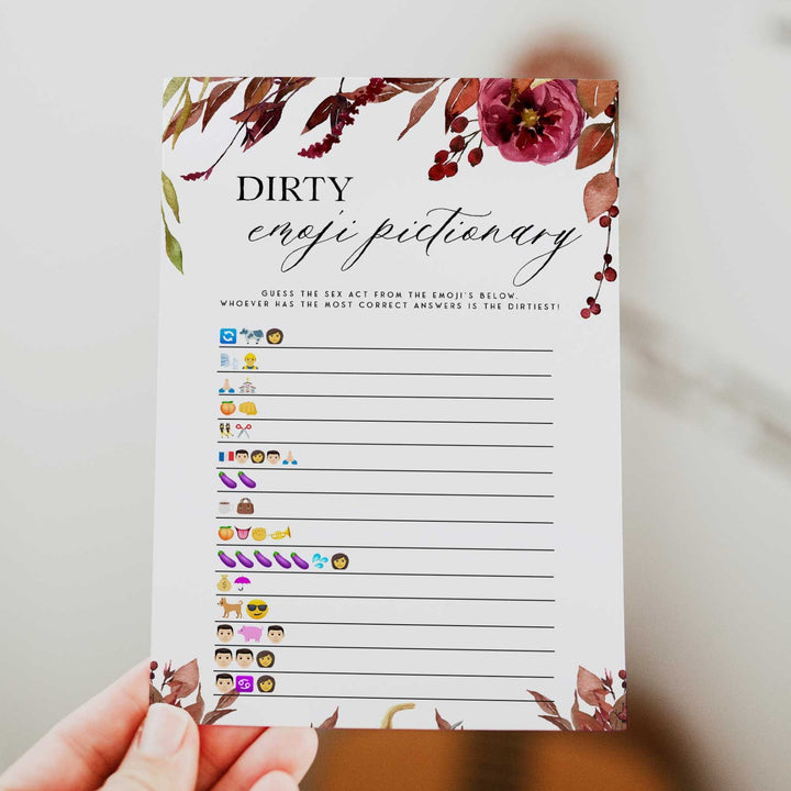 Fully editable and printable dirty emoji pictionary games with a Fall design. Perfect for a fall floral bridal shower