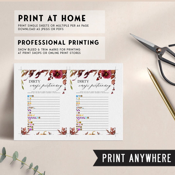 Fully editable and printable dirty emoji pictionary games with a Fall design. Perfect for a fall floral bridal shower