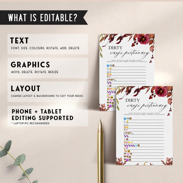 Fully editable and printable dirty emoji pictionary games with a Fall design. Perfect for a fall floral bridal shower