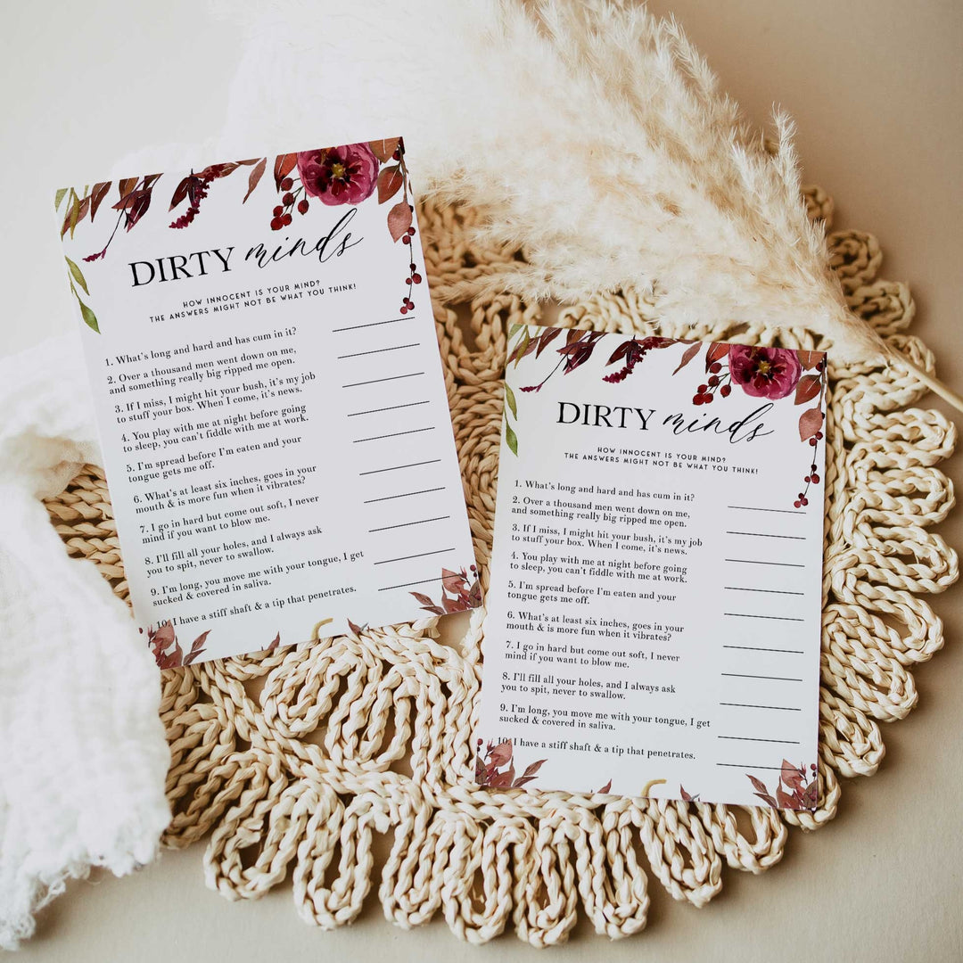 Fully editable and printable dirty minds game with a Fall design. Perfect for a fall floral bridal shower