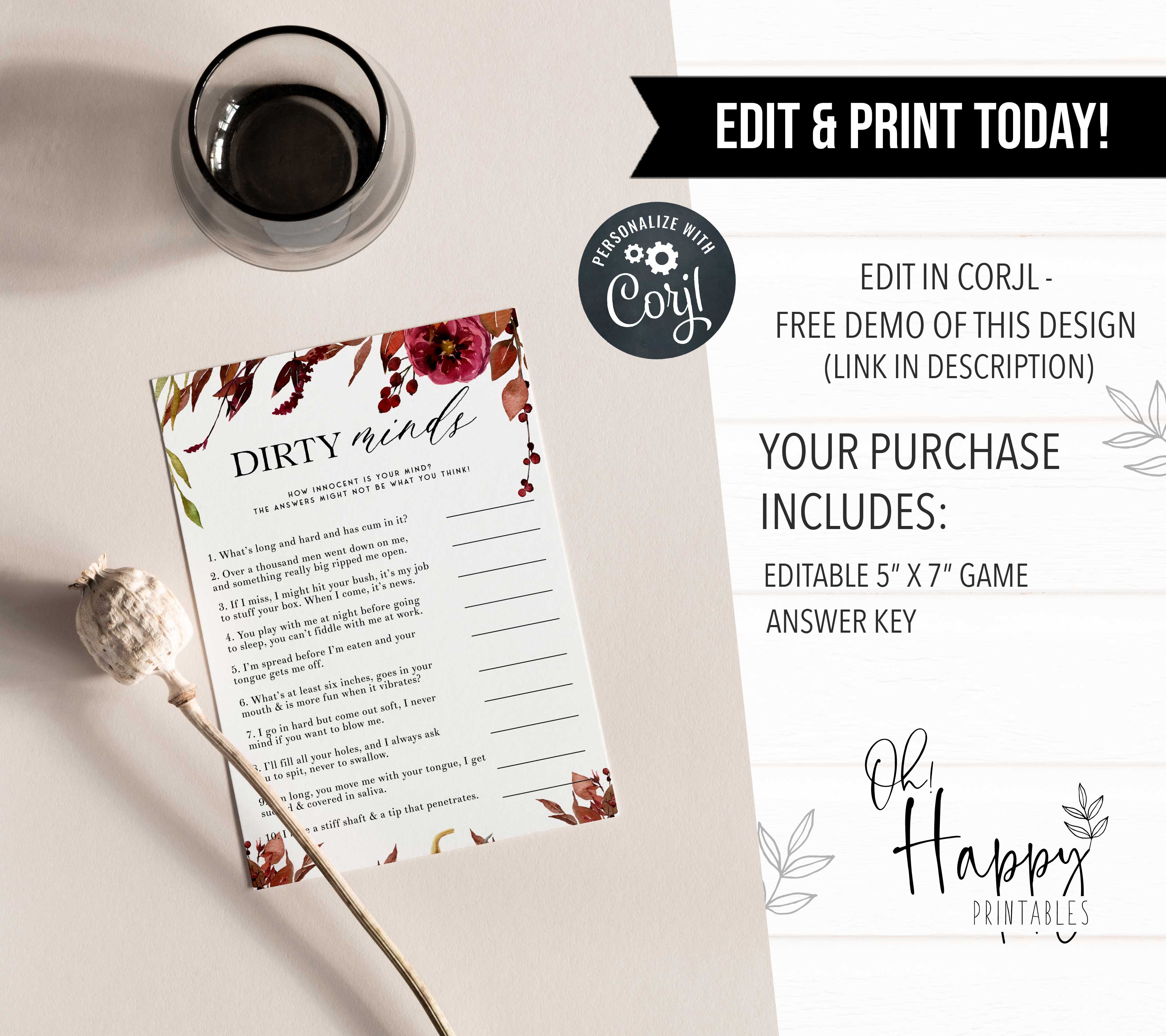 Fully editable and printable dirty minds game with a Fall design. Perfect for a fall floral bridal shower