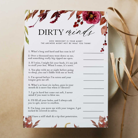 Fully editable and printable dirty minds game with a Fall design. Perfect for a fall floral bridal shower