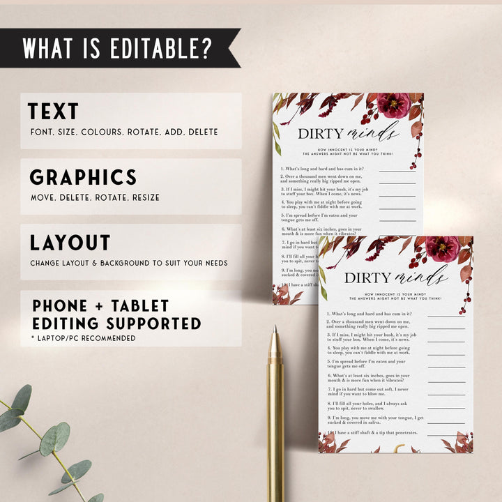 Fully editable and printable dirty minds game with a Fall design. Perfect for a fall floral bridal shower