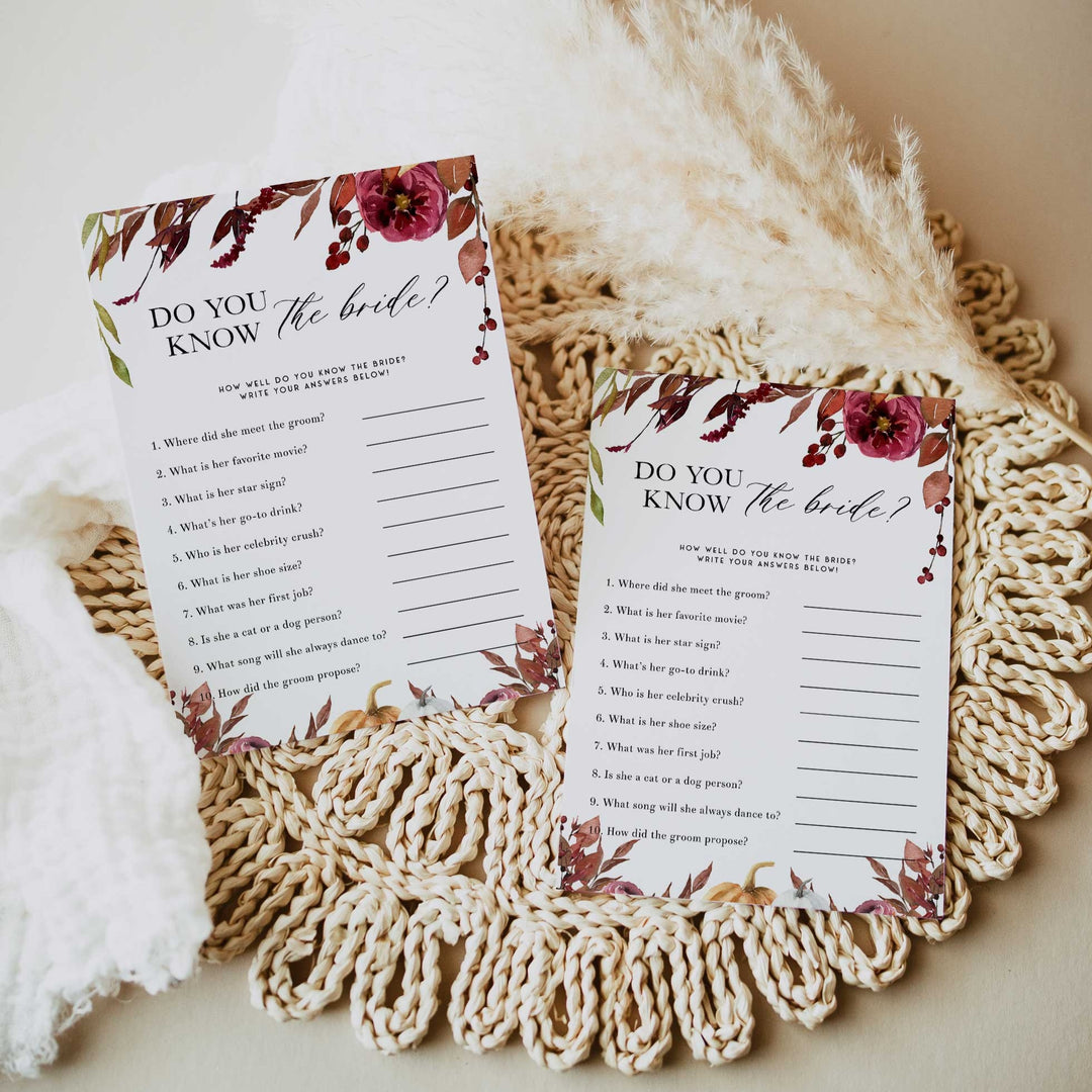 Fully editable and printable do you know the bride game with a Fall design. Perfect for a fall floral bridal shower