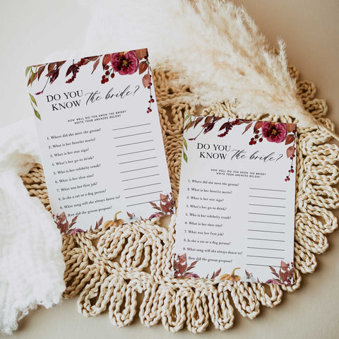 Fully editable and printable do you know the bride game with a Fall design. Perfect for a fall floral bridal shower