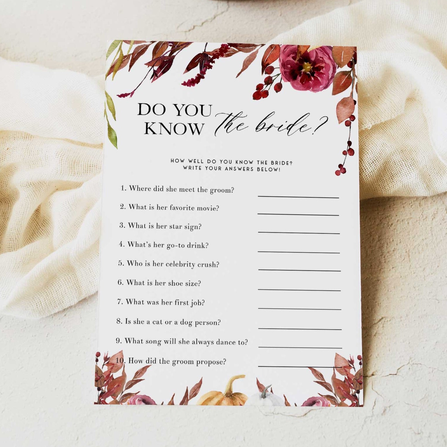 Fully editable and printable do you know the bride game with a Fall design. Perfect for a fall floral bridal shower