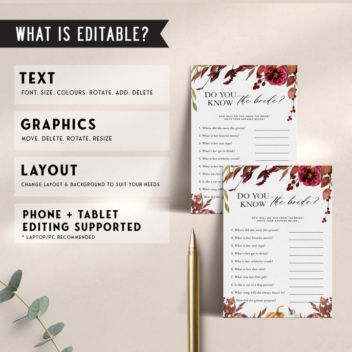 Fully editable and printable do you know the bride game with a Fall design. Perfect for a fall floral bridal shower