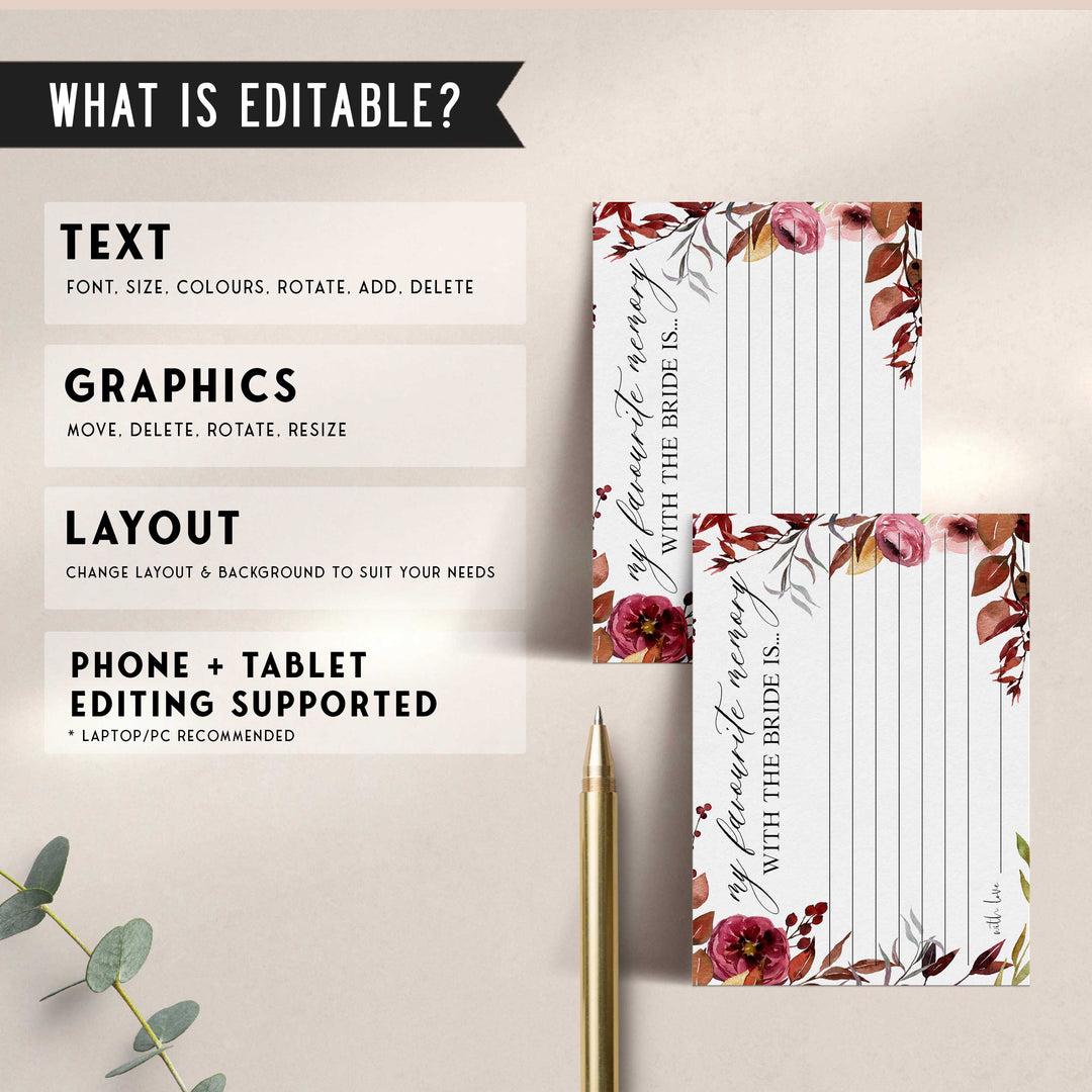 Fully editable and printable favorite memory with the bride game with a Fall design. Perfect for a fall floral bridal shower