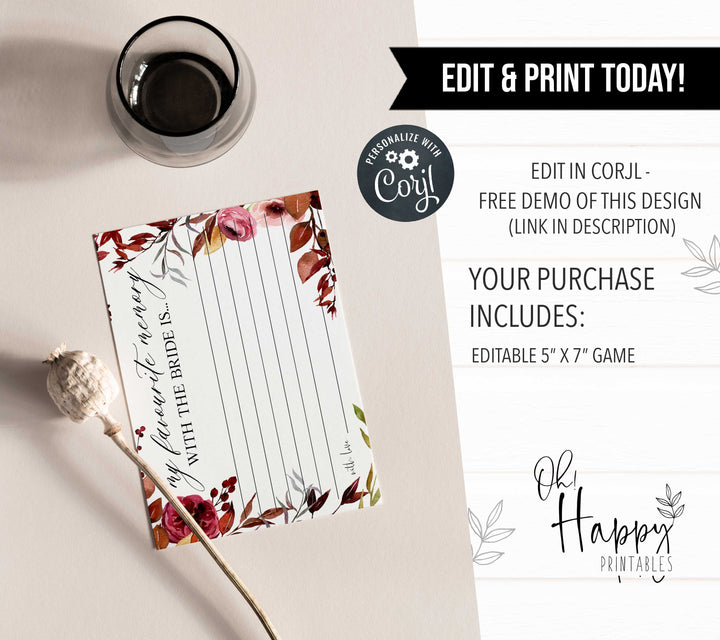 Fully editable and printable favorite memory with the bride game with a Fall design. Perfect for a fall floral bridal shower