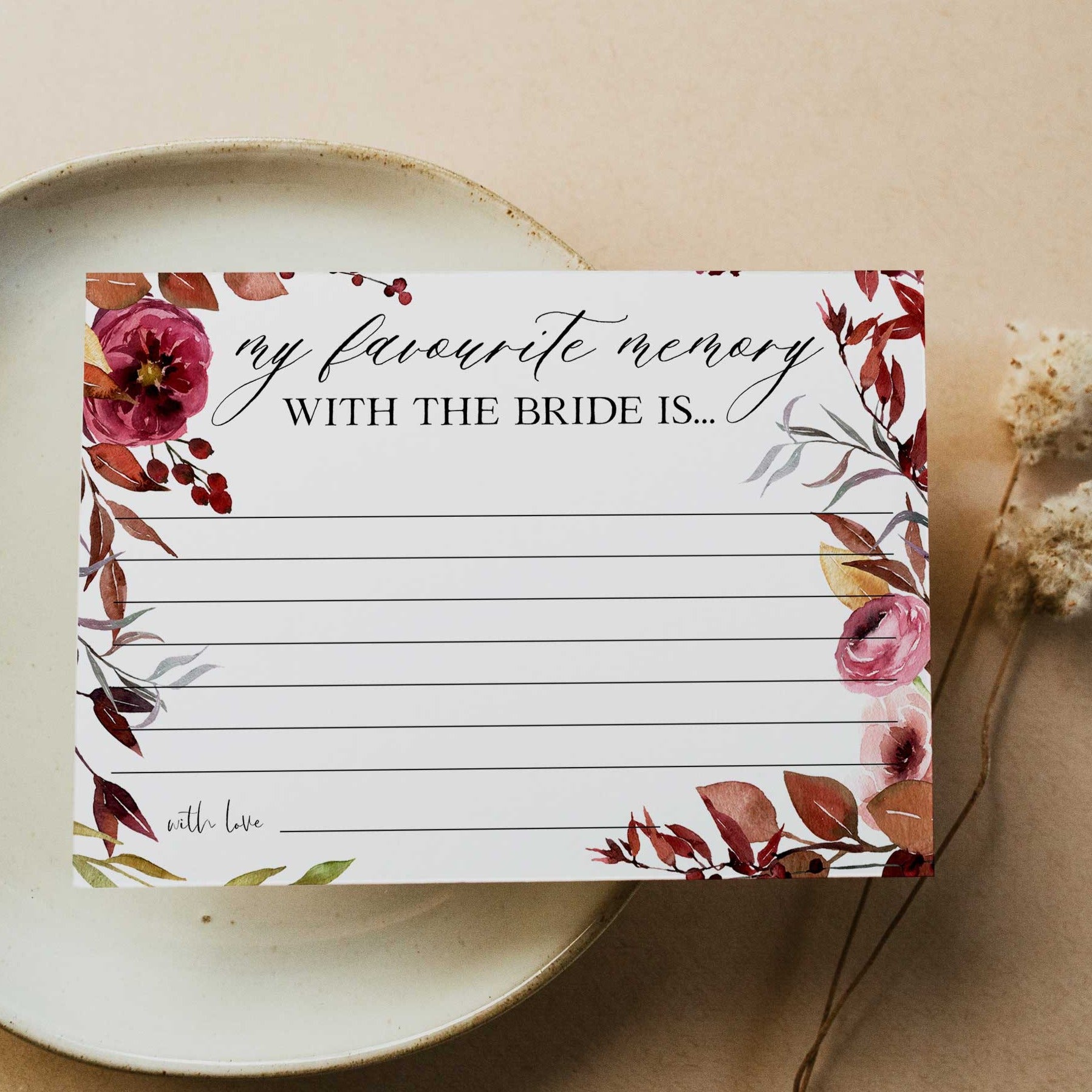 Fully editable and printable favorite memory with the bride game with a Fall design. Perfect for a fall floral bridal shower