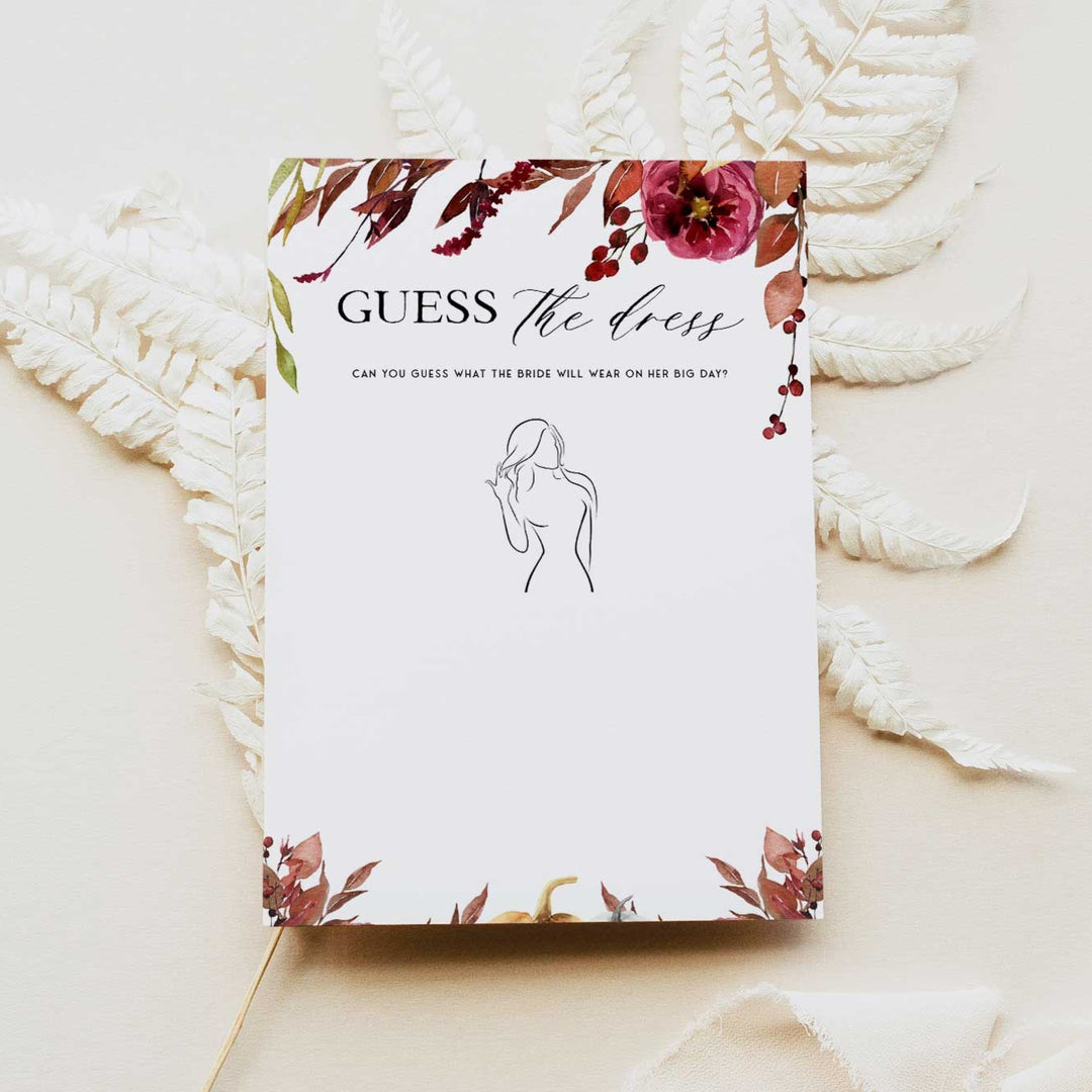 Fully editable and printable guess the dress game with a Fall design. Perfect for a fall floral bridal shower
