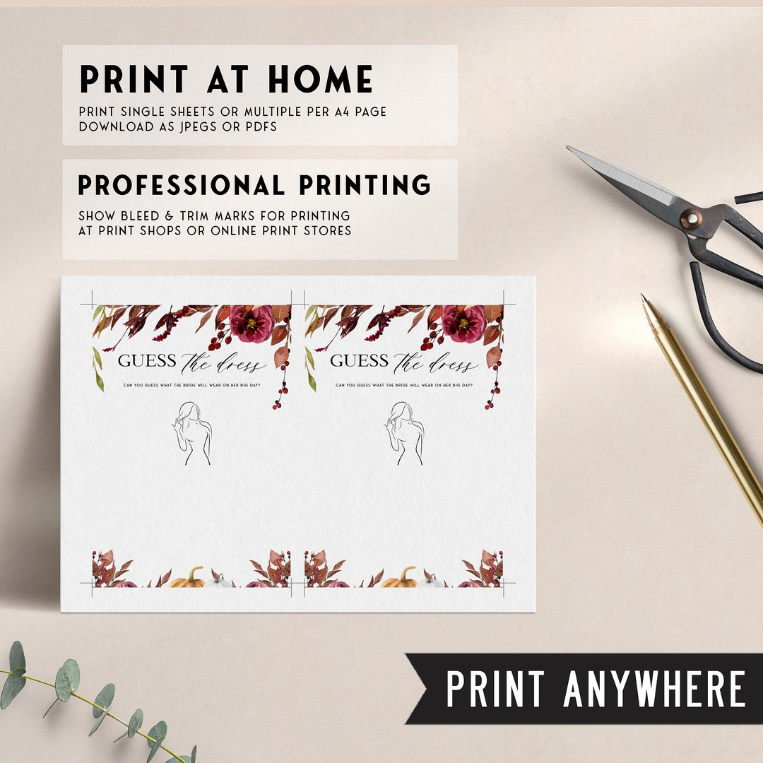 Fully editable and printable guess the dress game with a Fall design. Perfect for a fall floral bridal shower