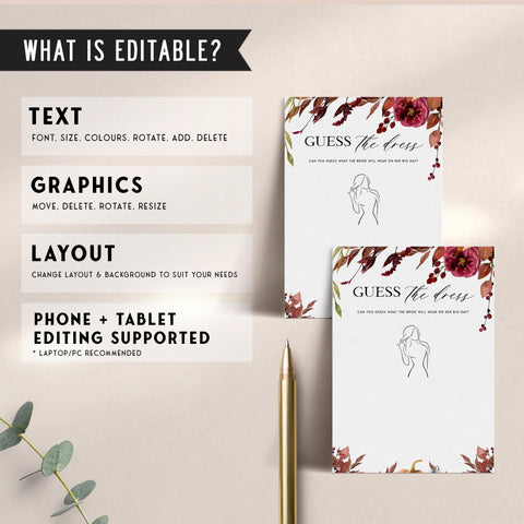Fully editable and printable guess the dress game with a Fall design. Perfect for a fall floral bridal shower