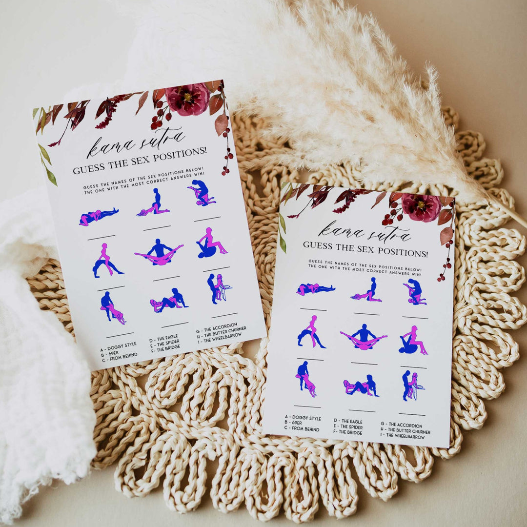 Fully editable and printable guess the sex positions games with a Fall design. Perfect for a fall floral bridal shower
