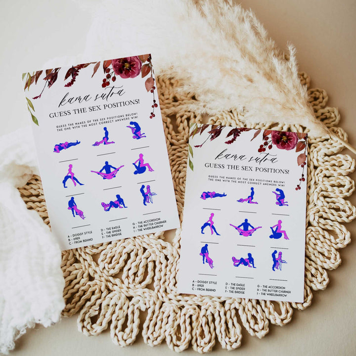 Fully editable and printable guess the sex positions games with a Fall design. Perfect for a fall floral bridal shower
