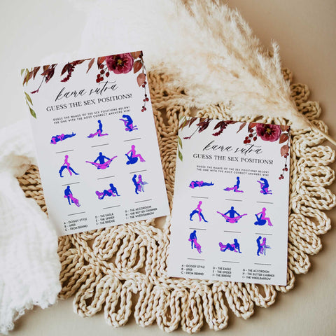 Fully editable and printable guess the sex positions games with a Fall design. Perfect for a fall floral bridal shower