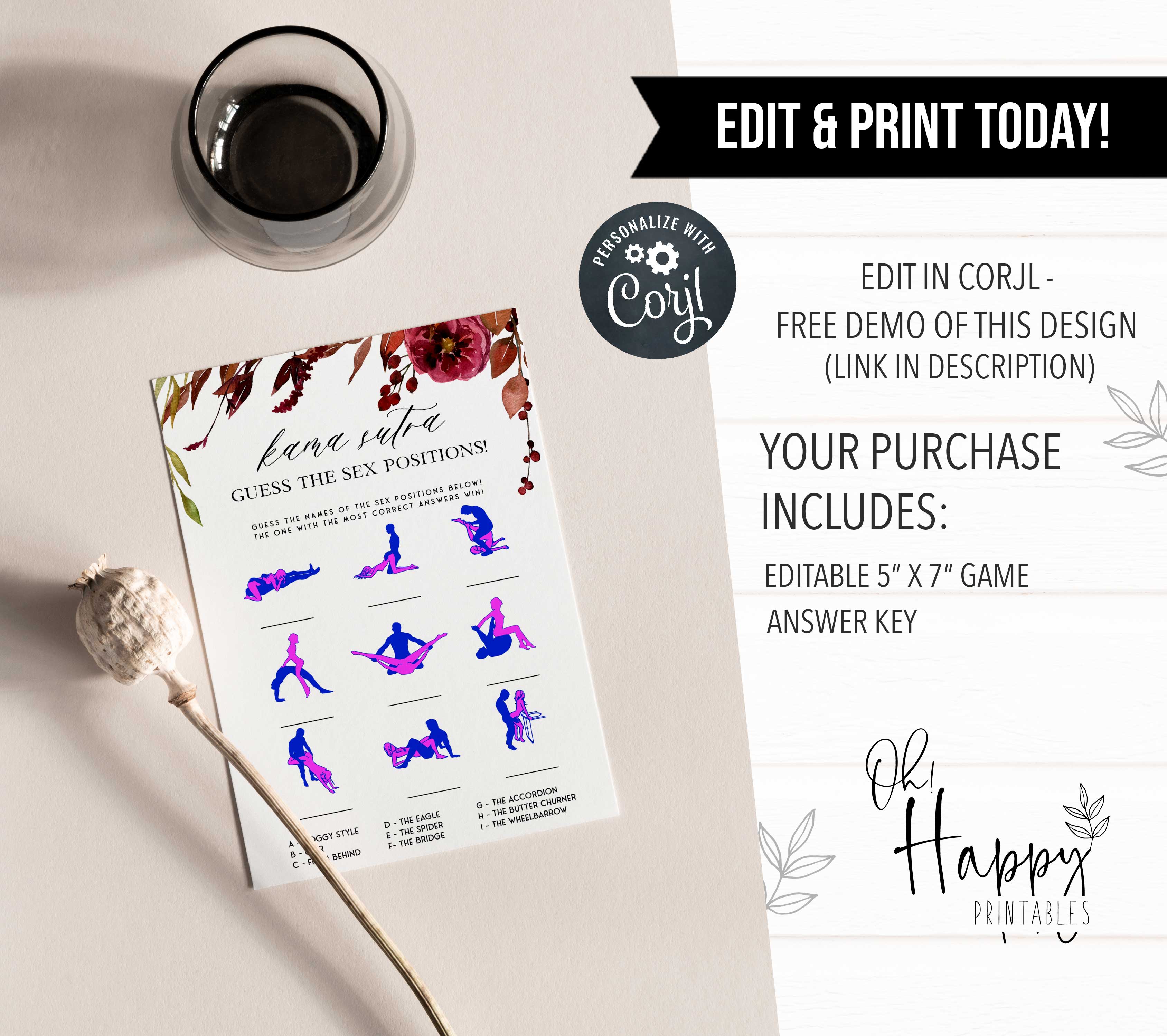 Fully editable and printable guess the sex positions games with a Fall design. Perfect for a fall floral bridal shower