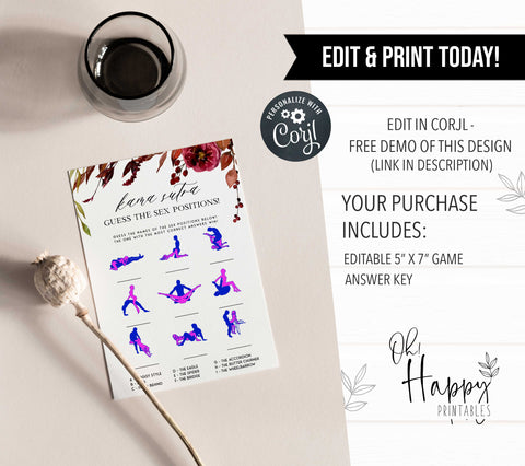 Fully editable and printable guess the sex positions games with a Fall design. Perfect for a fall floral bridal shower