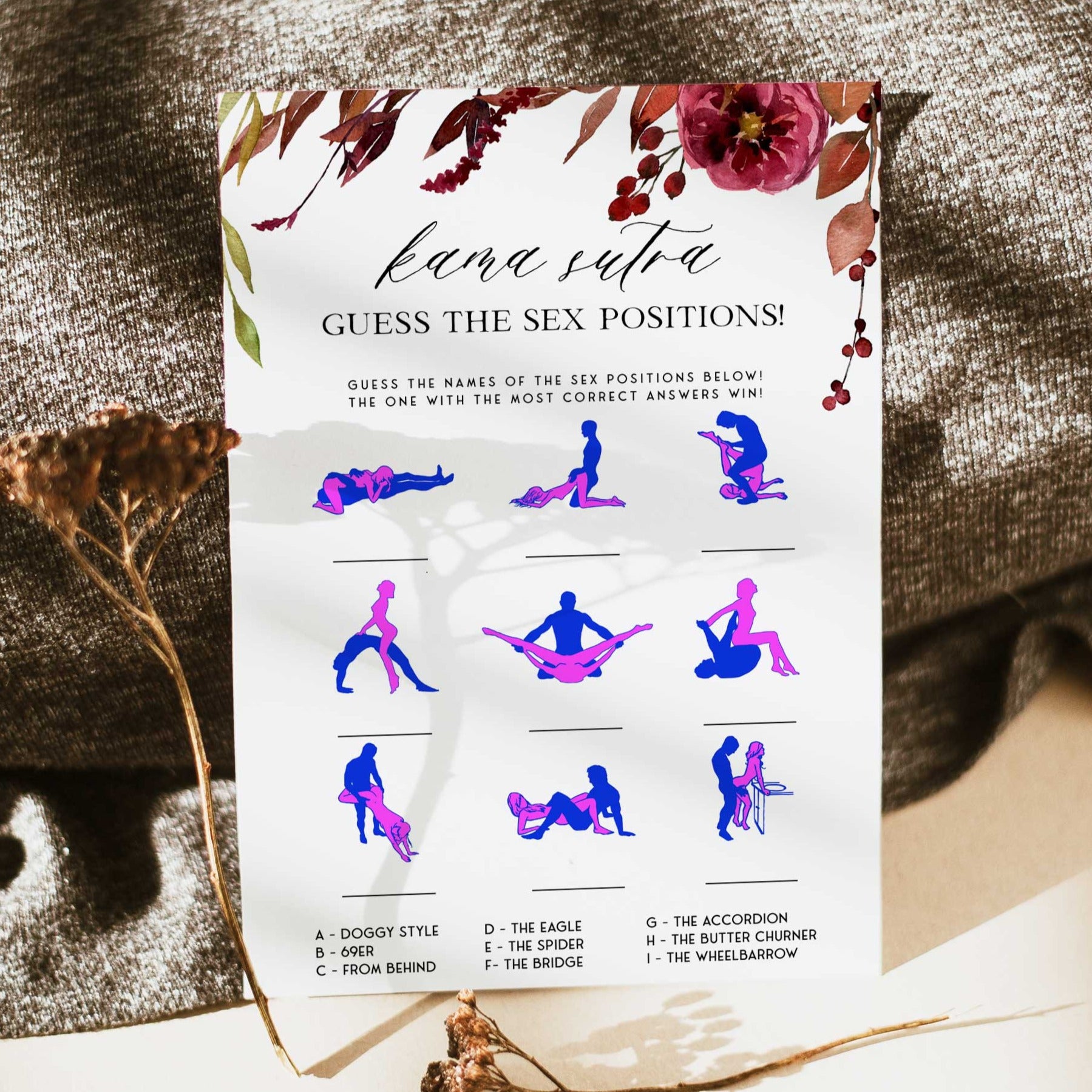 Fully editable and printable guess the sex positions games with a Fall design. Perfect for a fall floral bridal shower