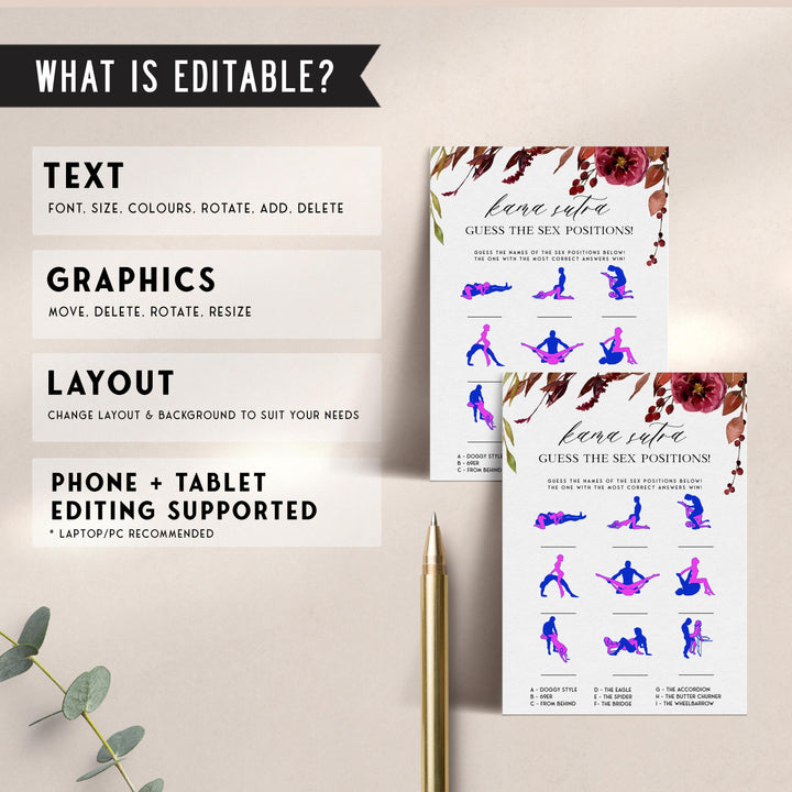 Fully editable and printable guess the sex positions games with a Fall design. Perfect for a fall floral bridal shower