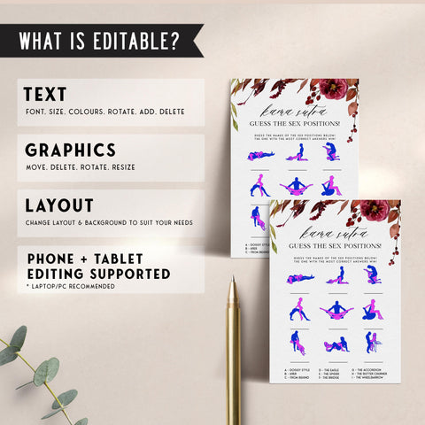 Fully editable and printable guess the sex positions games with a Fall design. Perfect for a fall floral bridal shower