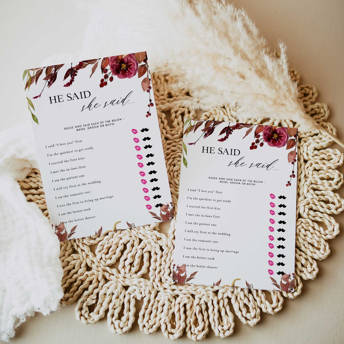 Fully editable and printable he said she said game with a Fall design. Perfect for a fall floral bridal shower