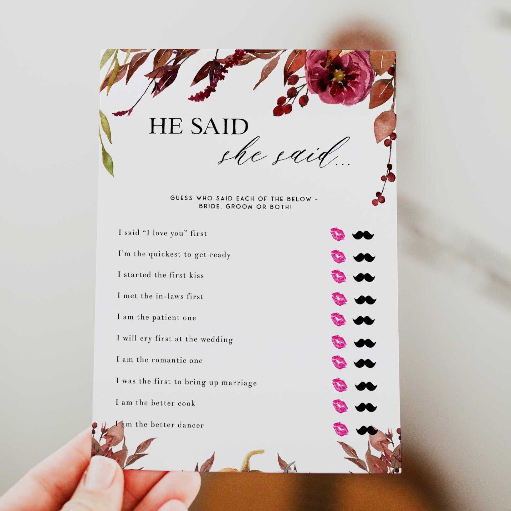 Fully editable and printable he said she said game with a Fall design. Perfect for a fall floral bridal shower