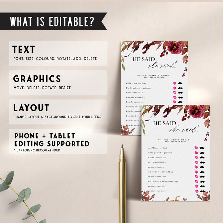 Fully editable and printable he said she said game with a Fall design. Perfect for a fall floral bridal shower