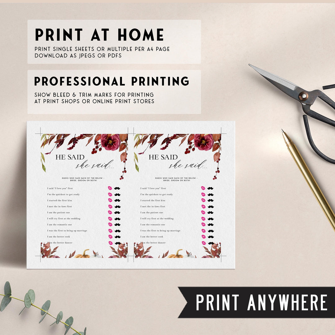 Fully editable and printable he said she said game with a Fall design. Perfect for a fall floral bridal shower