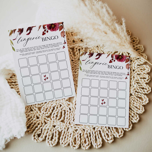 Fully editable and printable lingerie bingo game with a Fall design. Perfect for a fall floral bridal shower