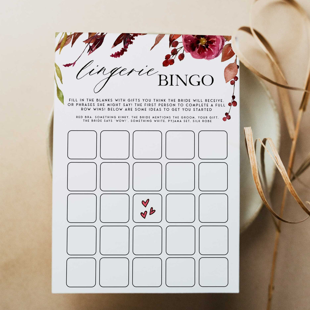 Fully editable and printable lingerie bingo game with a Fall design. Perfect for a fall floral bridal shower