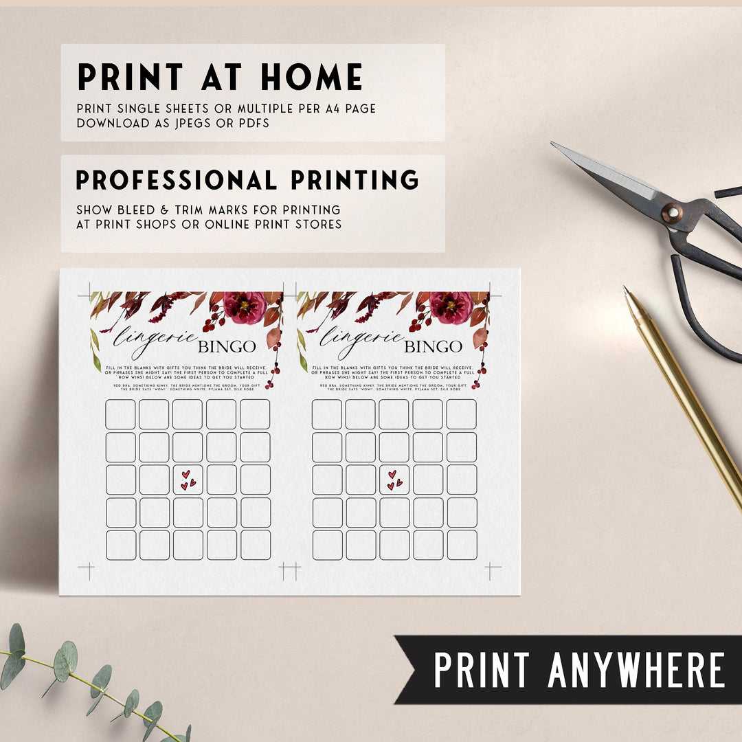 Fully editable and printable lingerie bingo game with a Fall design. Perfect for a fall floral bridal shower